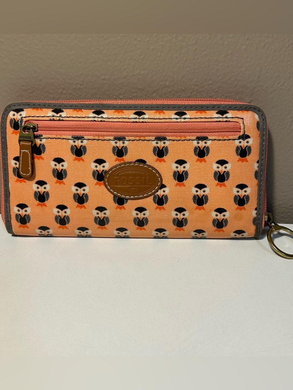 Fossil Zip Around Wallet Pink Coral Owl Print Vinyl Coated Canvas